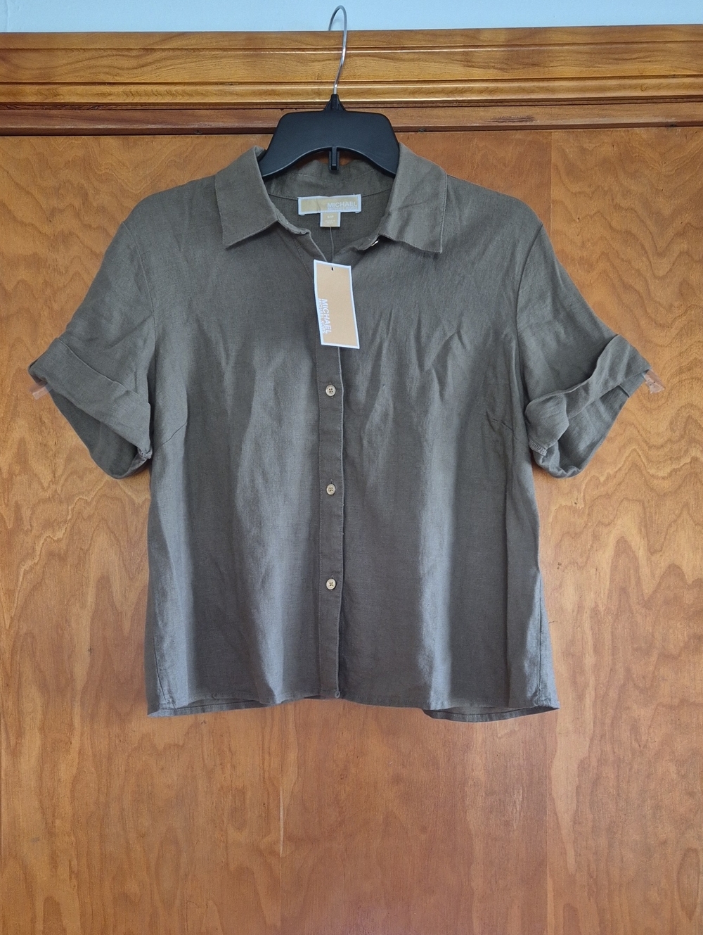 MICHAEL Michael Kors Women’s Linen Blend Button-Down Shirt - Safari Green,size S